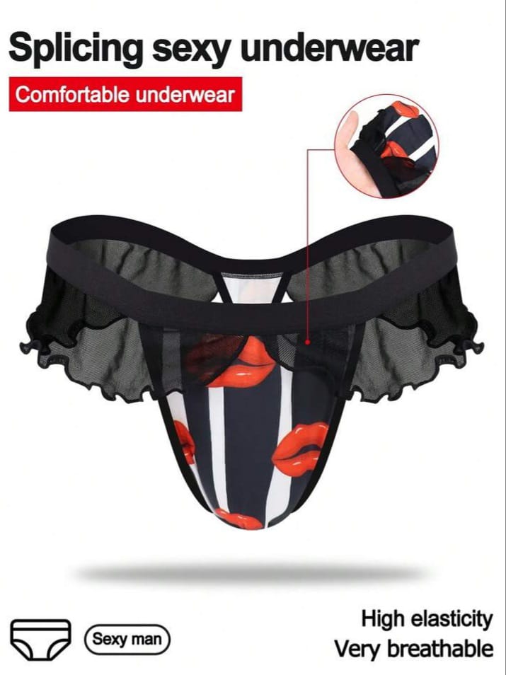 Men's Seductive Red Lips Flame Zebra Striped Hollow Mesh  Underwear